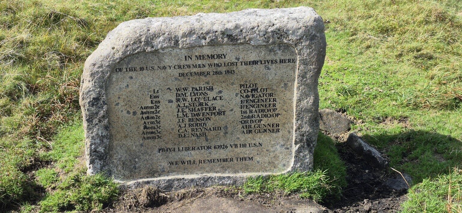 Memorial to the ten US Navy crewmen killed near Kitty Tor in December 1943